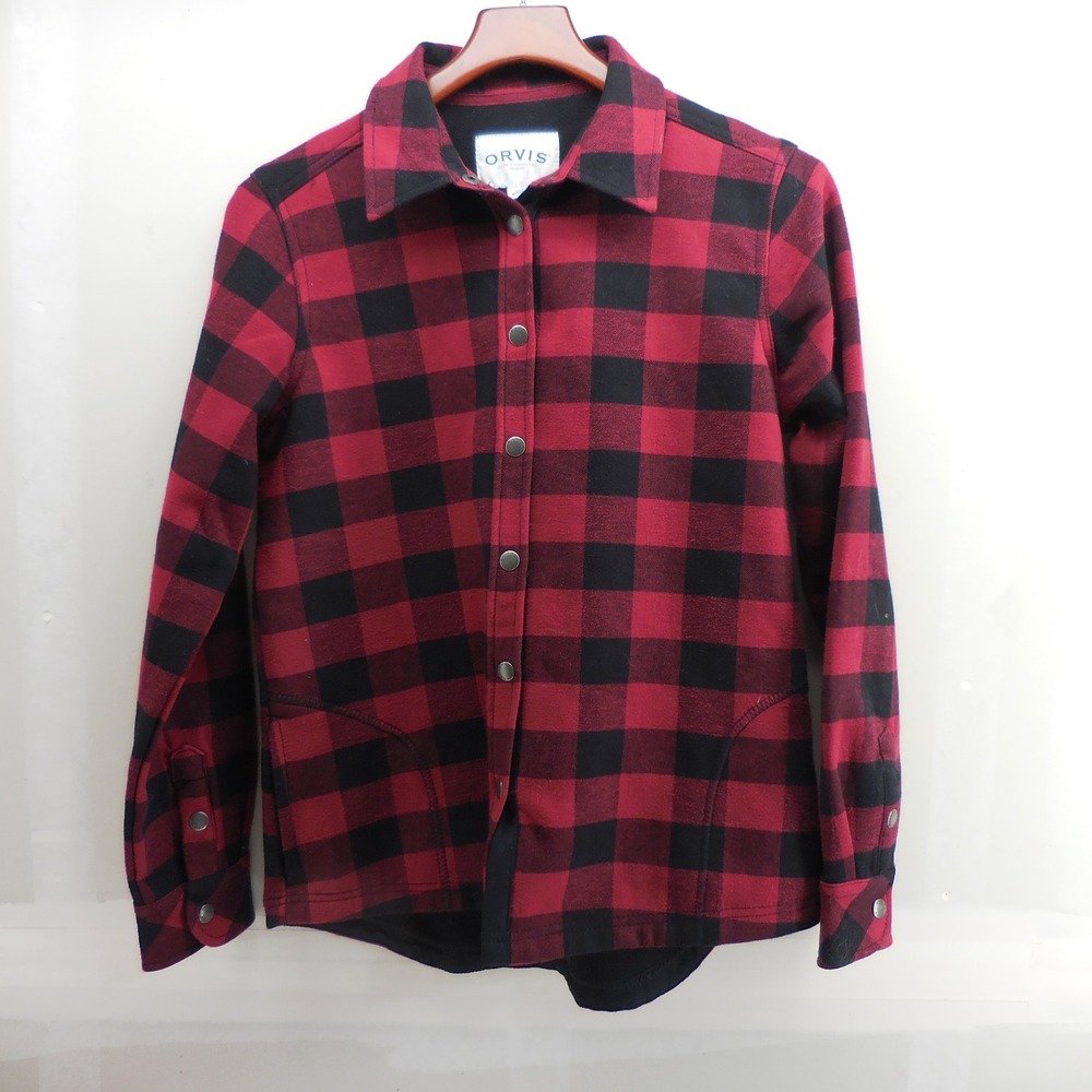 Orvis Womens Buffalo Plaid Fleece Lined Snap Front Shirt Jacket Red Black Medium